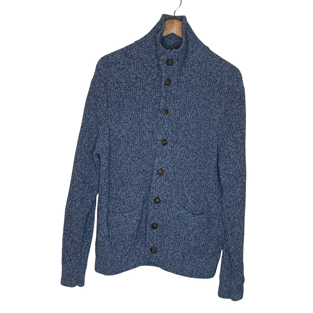 J Crew Mens Marled Ribbed Knit Cardigan Sweater L Blue Pockets Preppy Mock Neck